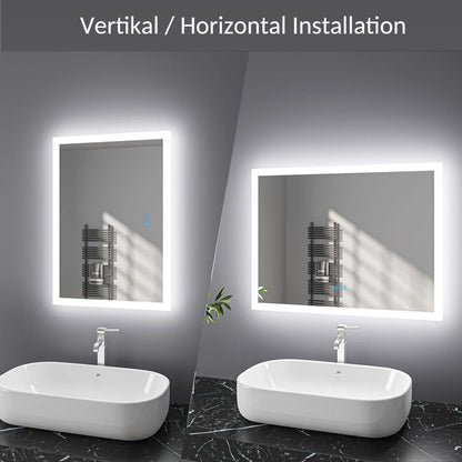 100x60cm LED bathroom mirror with lighting, touch switch, demister, dimmable feature in cool white/warm white. Can be mounted horizontally or vertically, energy-saving IP44 rated.