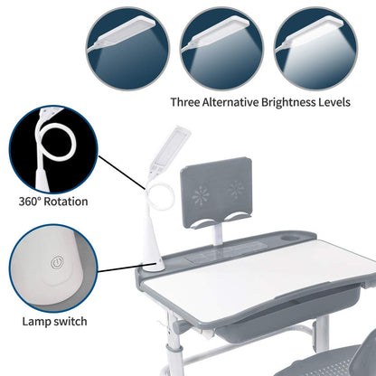 Yinleader Kids Desk and Chair Set, Adjustable Children's Table with Eye-Protecting Lamp, Bookstand, Tilted Desk, perfect for Writing, Reading, and Drawing (grey)