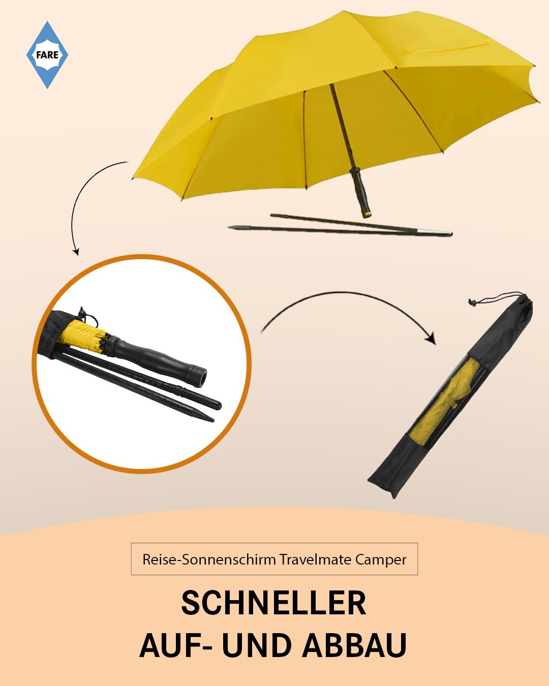 FARE Travel-Sun Umbrella Travelmate Camper - Lightweight & Compact, UV protection UPF50+, Perfect for Travel, Beach, Outdoor & Camping - Can also be used as a rain umbrella.