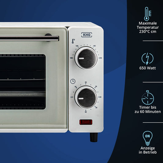 KHG Mini Oven MBO-10W made of metal in white with top/bottom heat, 10l capacity, 650 watts, including timer, temperature setting from 100°C-230°C, removable handle, grill rack, and baking tray.