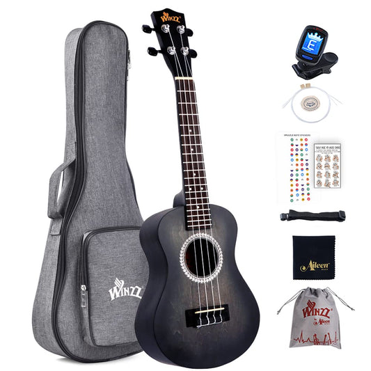 Winzz 23" Ukulele Concert Beginner Set for Kids Adults, Unique Color Design, with Bag, Tuner, Extra Strings, Strap, Music Note Stickers (Black)