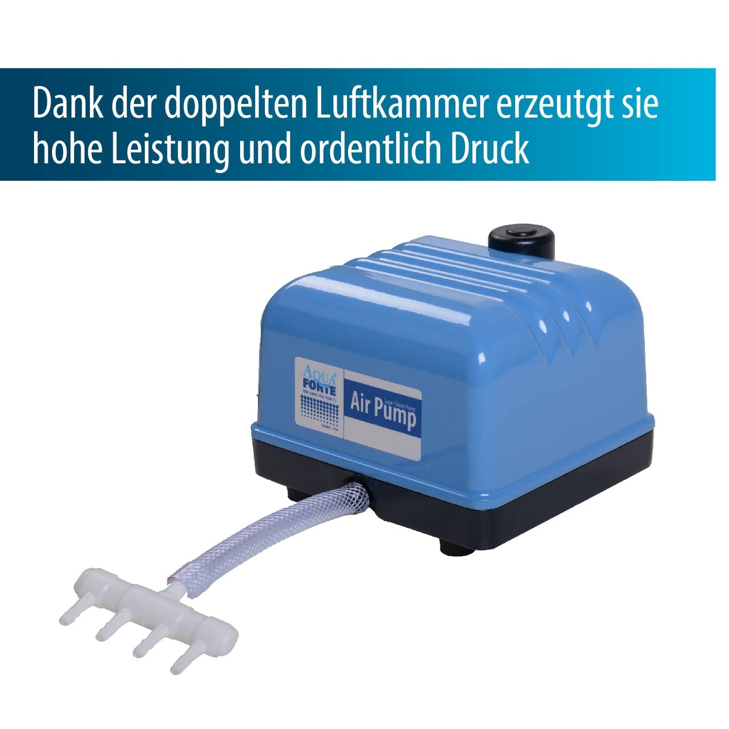 AquaForte Hi-Flow V-30 air pump, aluminum housing, quiet and powerful, 25 Watt power, capacity of 7 liters per minute at 2 meters, maximum pond capacity of 18 m3, non-adjustable.