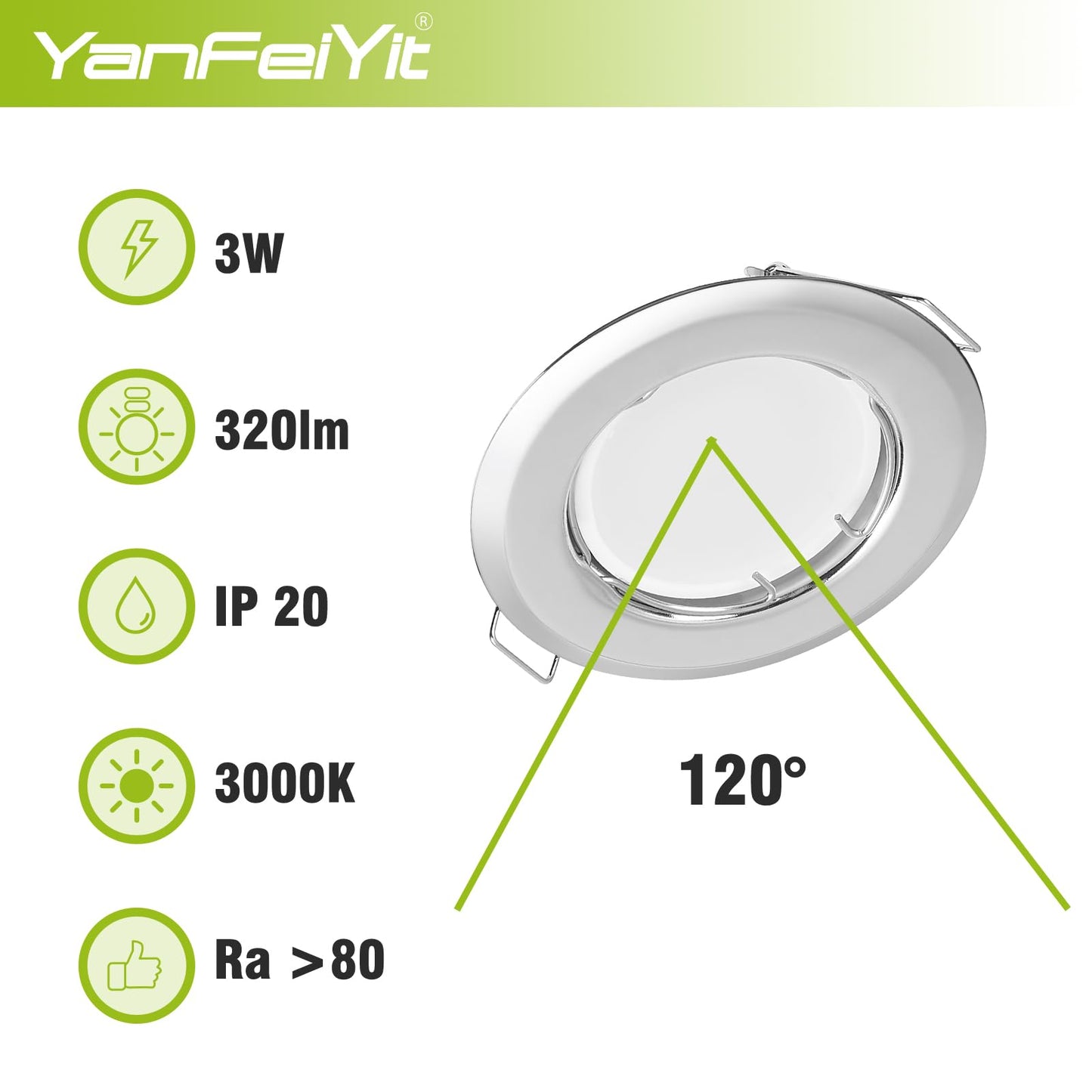 YanFeiYit 5x LED recessed spotlights - Chrome 3 Watt 230V dimmable Ø 52-71 mm cutout - Ceiling spotlight Ceiling recessed spotlight Ceiling spot Ceiling recessed light (Warm white 3000K)