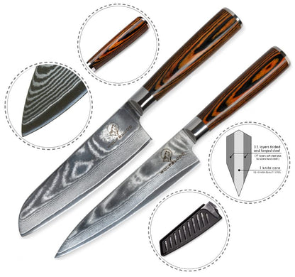 Wolfblood Damascus Knife Set 2 pieces (24cm) Professional Damascus Kitchen Knives made of 67 layers of Damascus steel - with Chef's knife Santoku knife wooden handle gift box and blade guard