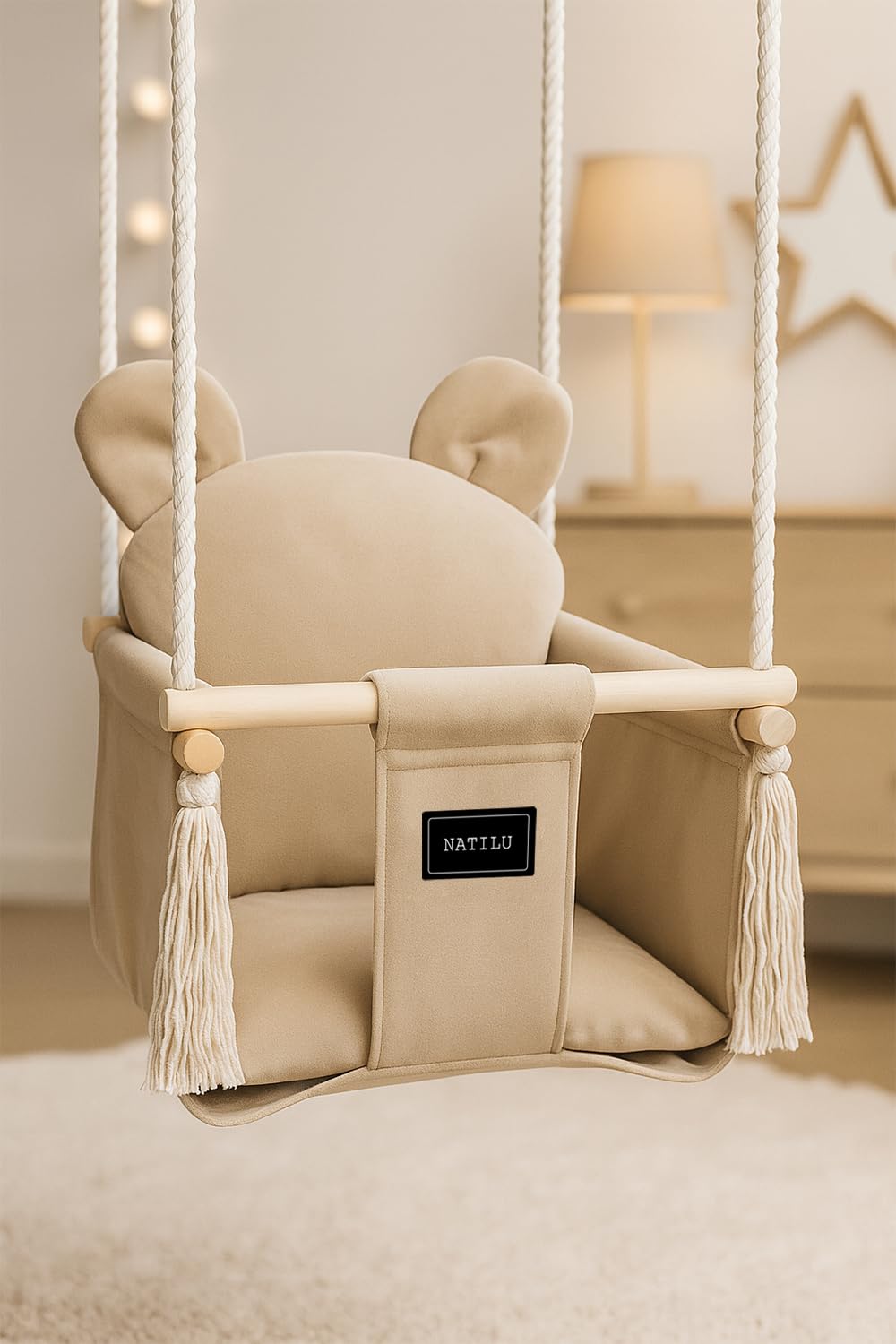NATILU® Baby Swing Set Indoor Outdoor | Bear Light Beige Velvet | Baby Swing | Baby swing Indoor | Wooden Kids Swing | Wooden Swing for Children | Swings for door frames