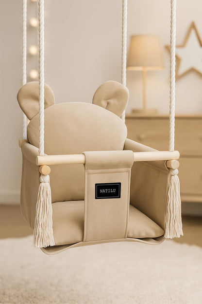 NATILU® Baby Swing Set Indoor Outdoor | Bear Light Beige Velvet | Baby Swing | Baby swing Indoor | Wooden Kids Swing | Wooden Swing for Children | Swings for door frames