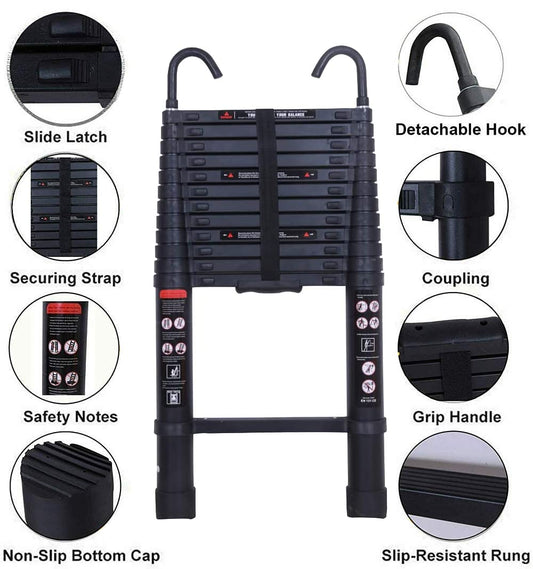 3.8m / 12.5FT telescopic folding extendable extension ladder Multipurpose ladder EN131 certified Max. Load 150kg / 330lb with detachable roof hook
