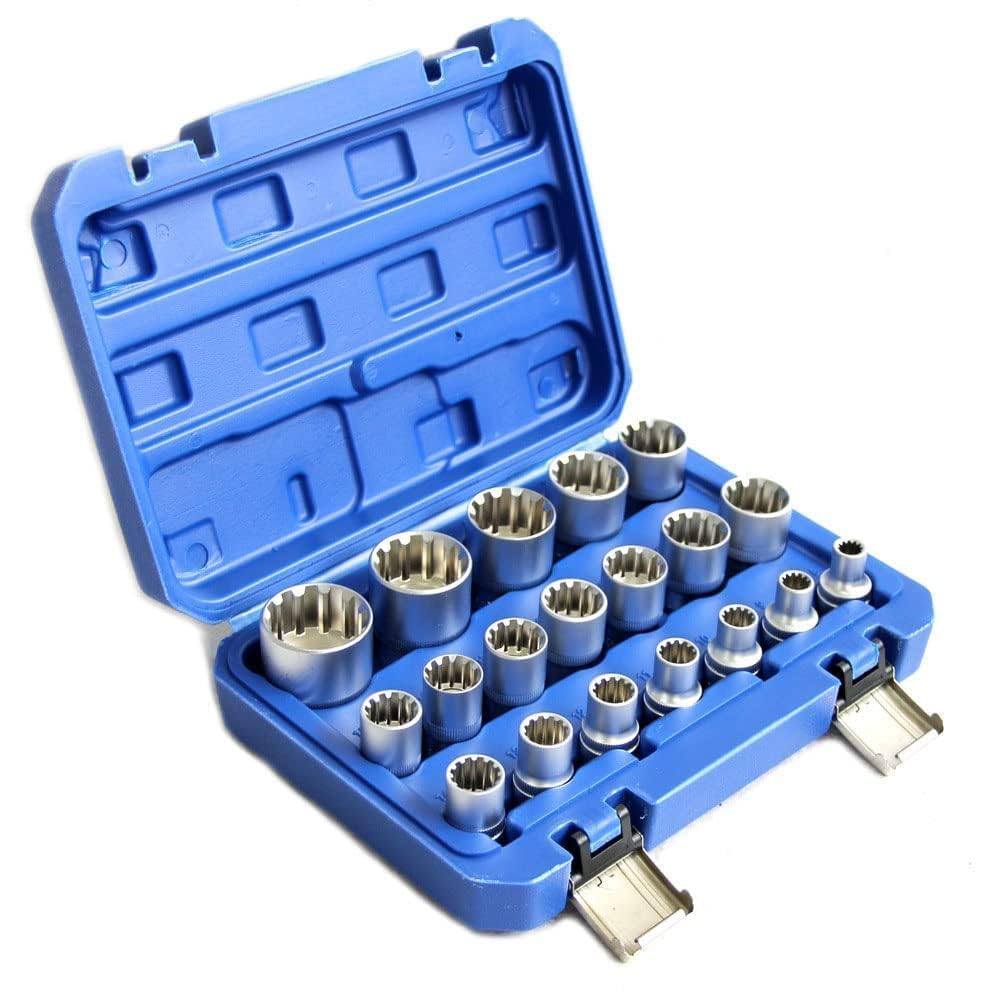 Multi-tooth socket set, 1/2-inch drive, metric, 8-32 mm, 12-point Cr-V socket set, 19 pieces.
