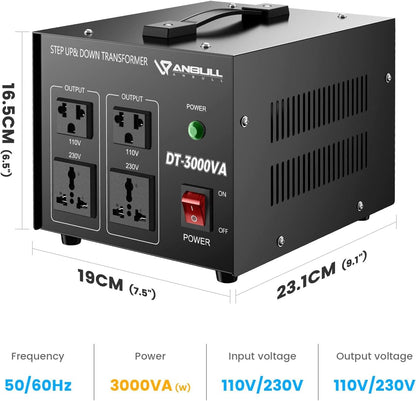 Anbull DT-3000W Voltage Converter Toroidal Transformer, Voltage Converter 110V to 230V, Step up down Converter, plug 230 to 110v, 50-60Hz