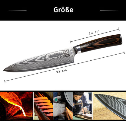 ZEUS Damascus Knife Kitchen Knife XL (32cm) Professional chef's knife made of genuine 67 layers of Damascus steel I Damascus kitchen knife and chef's knife with sharpening stone, wooden handle, blade cover, and gift box
