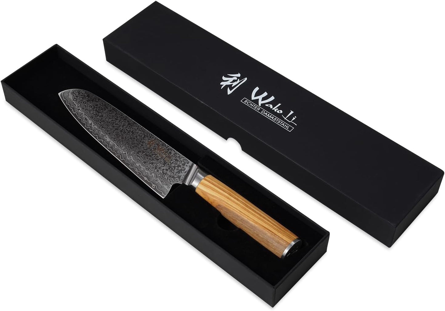 Wakoli Oribu kitchen knife with sharp 17.5 cm Damascus blade made of 67 layers of Damascus steel - Santoku knife with olive wood handle - vegetable knife - sharp knife in gift box - utility knife