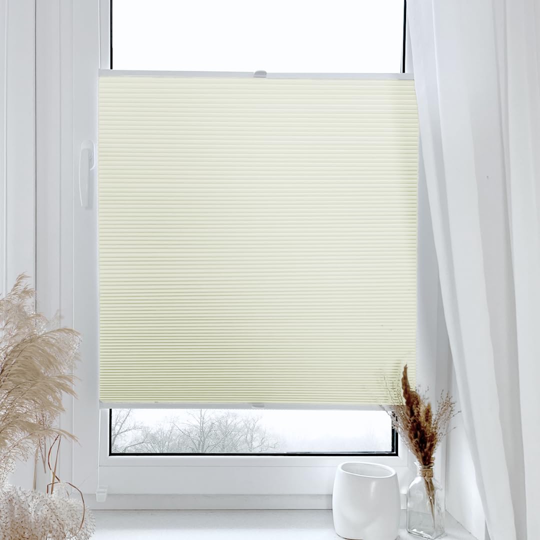 Home-Vision® Premium Double Pleated Honeycomb Pleated Shade without Drilling with Clamp Fix (White-Cream, W75cm x H120cm) Modern Clamp Fix Pleated Shade with Heat and Sun Protection for Windows Thermo.