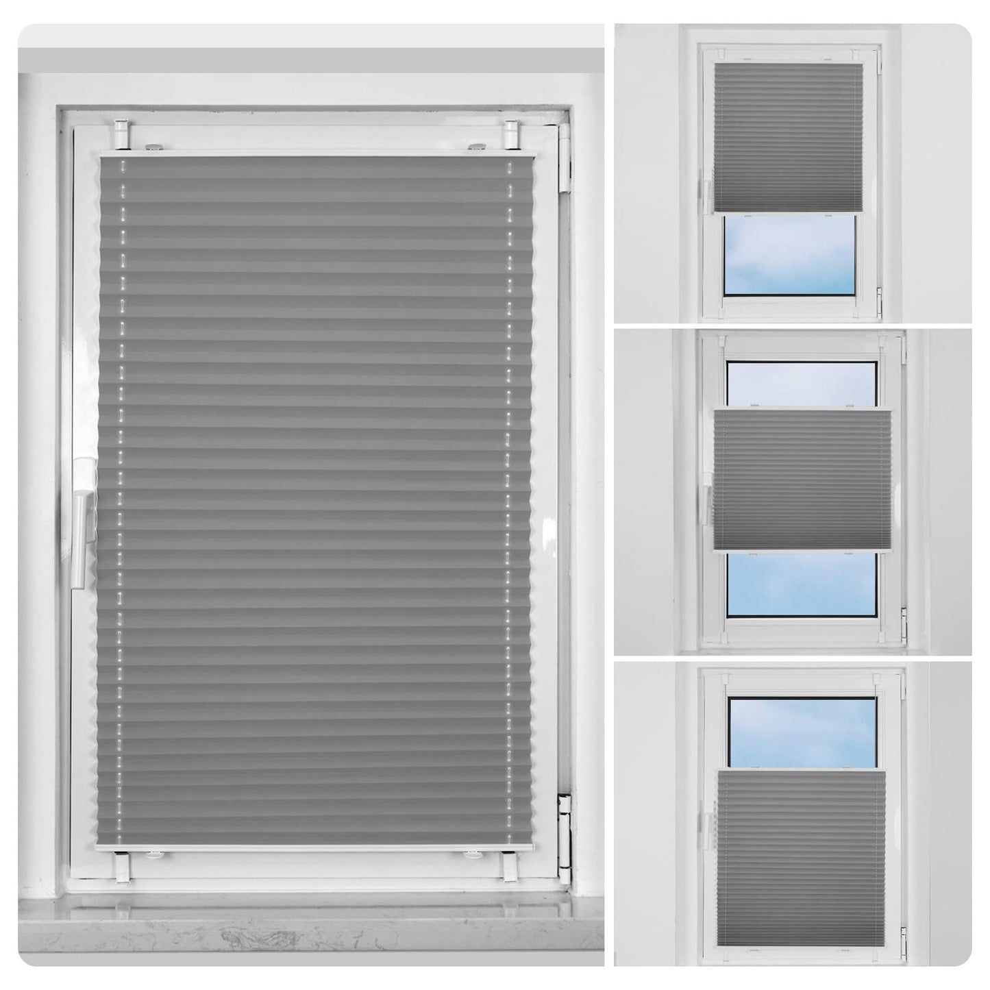 BelleMax pleated blind without drilling, blackout thermal pleated blind with clamp fixing, gray 100x130cm (WxH), blackout pleated blind 100% lightproof for windows, opaque privacy sun protection