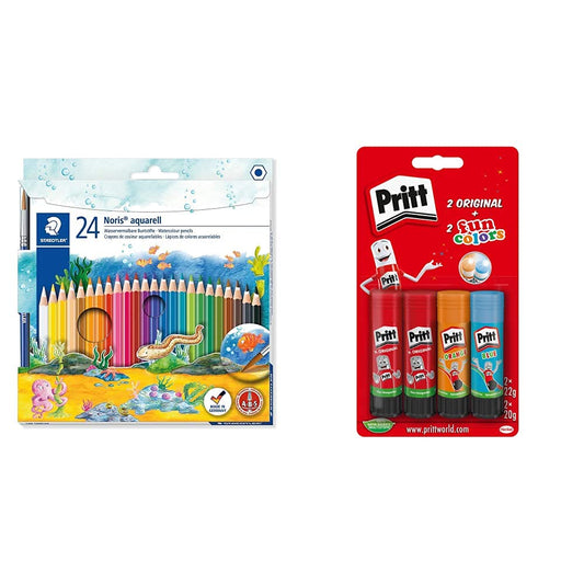 STAEDTLER Noris Club 144 10NC24 watercolor colored pencils + Pritt glue stick, safe and child-friendly adhesive