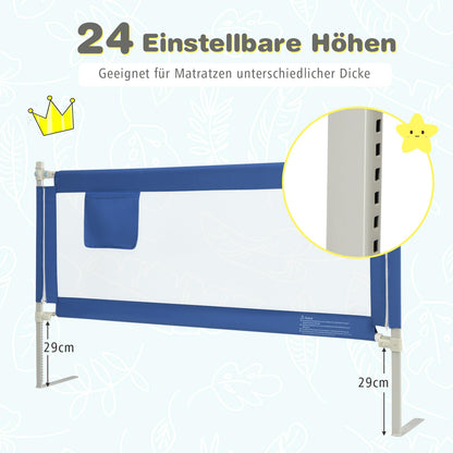 COSTWAY bed rail 175 cm, bed guardrail lockable with 24 adjustable heights & side pocket, fall protection bed & box spring bed for baby & toddlers (175cm, blue)
