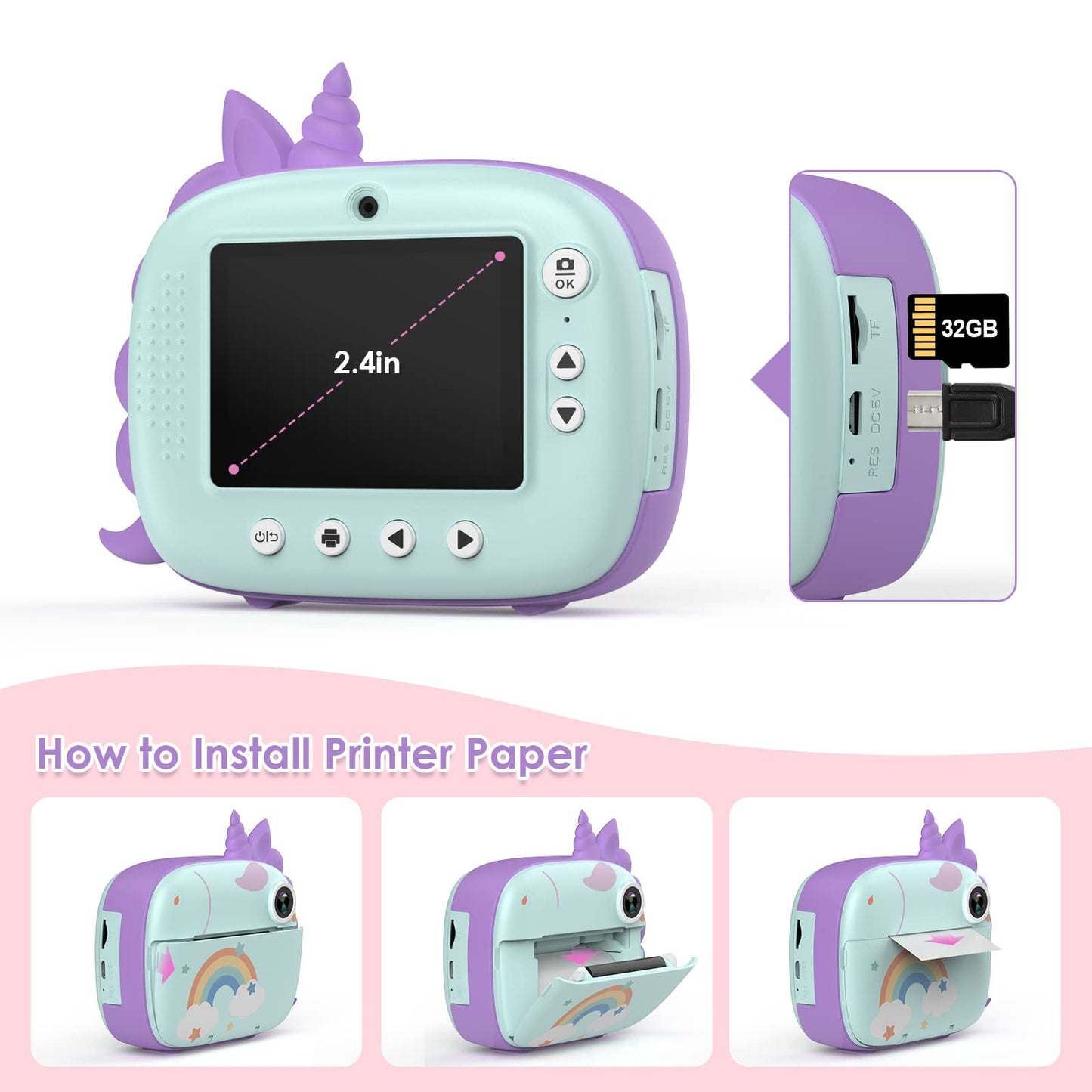 HiMont Kids Camera Instant Camera, Digital Camera for Kids with printing paper & 32G TF Card, Video Camera with colored pens & fun accessories, Gift for Kids aged 3-14 (Green)