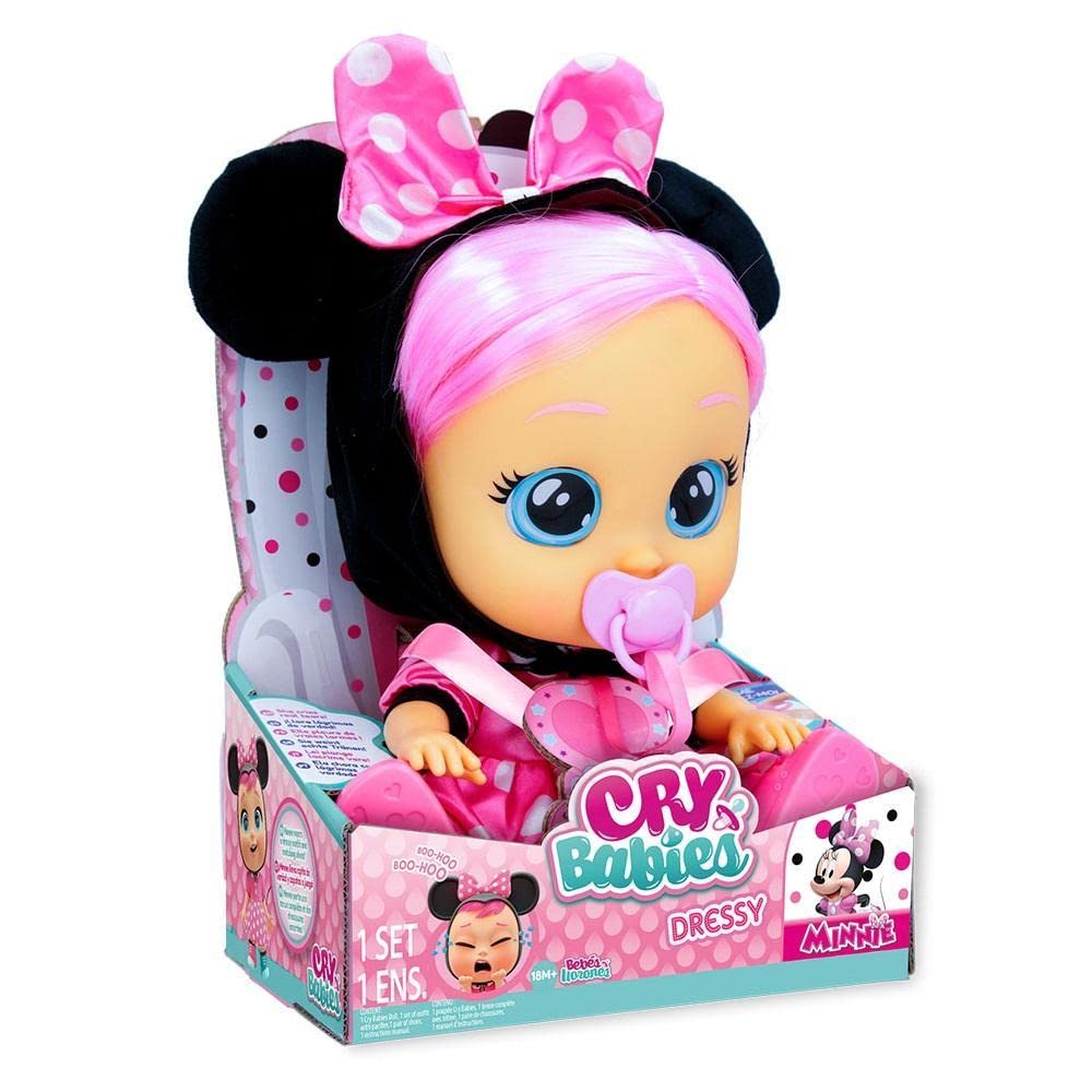 CRY BABIES Dressy Minnie is an interactive doll that cries real tears, with hair to style, clothes to change, and accessories to play with - a toy and gift for boys.