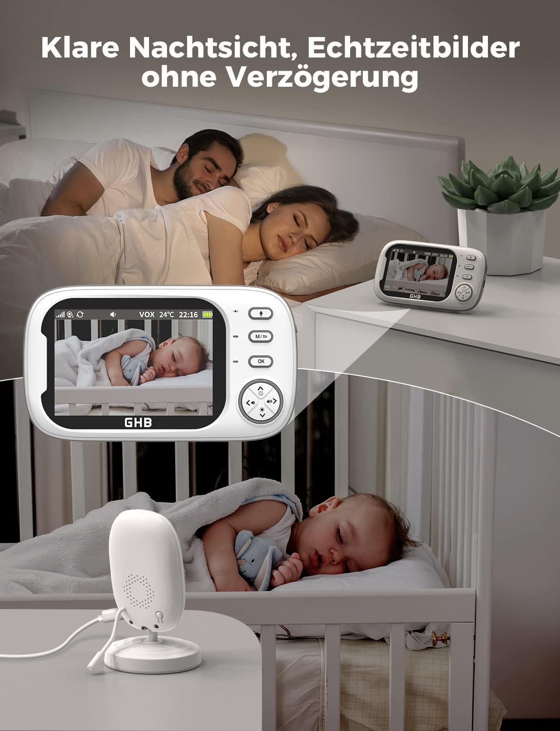 GHB Baby Monitor with Camera 3.5 Inch Video Baby Monitor with VOX Mode Night Vision Two-Way Talk Lullabies.
