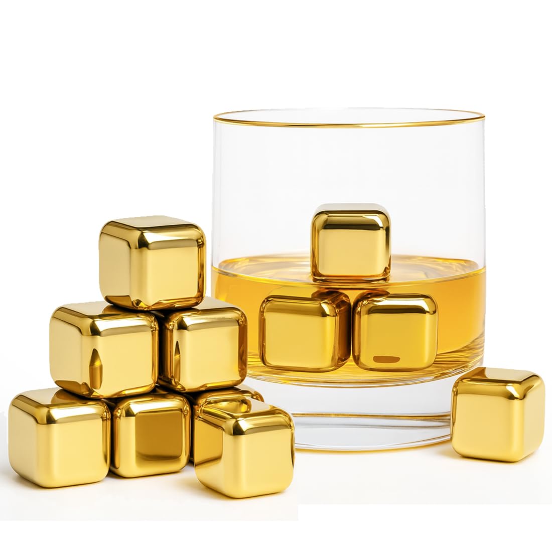 FLOW Barware Gold Whiskey Stones, gift set with ice tongs and storage bag, reusable metal ice cubes, prevent dilution of whiskey, rum, brandy, wine and gin drinks.
