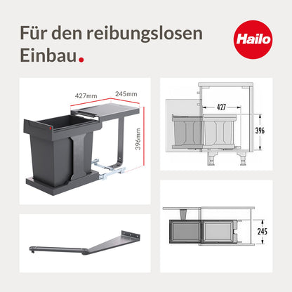 Hailo Waste Bin 3636001 | Solo model with pull-out mechanism | 20 liter inner bucket | for cabinets from 400mm width with hinged door | Anthracite