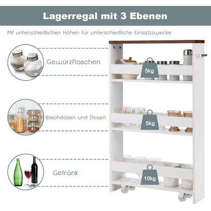 COSTWAY 4-tier rolling narrow kitchen trolley, bathroom shelf with side handle, made of wood, 48 x 13 x 81 cm (white + brown)