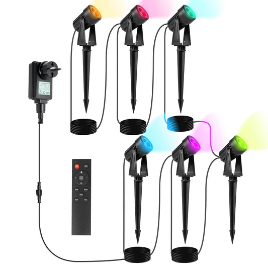 Gimisgu garden lighting LED, 6 in 1 RGB color changing garden lights LED with ground spike, 6-piece set garden lamp pathway lighting with plug and remote control, IP65 waterproof for garden pond.