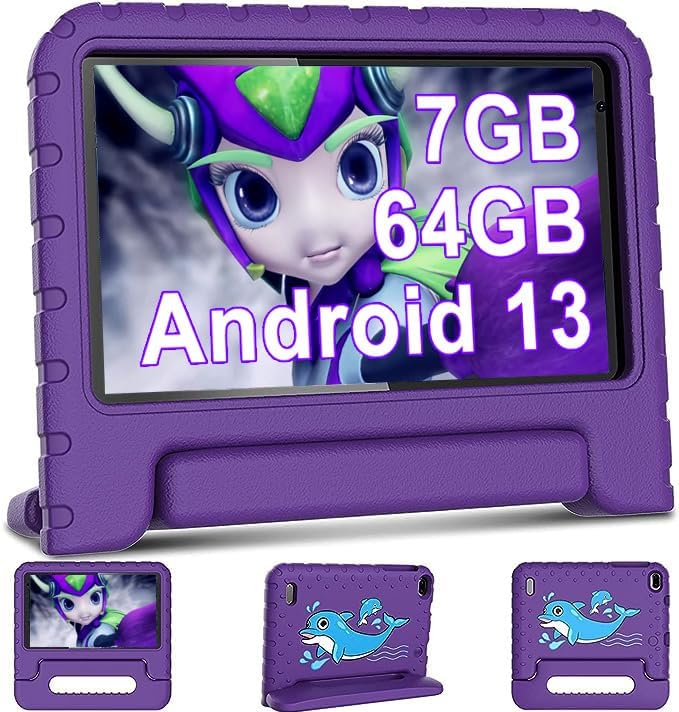 AOCWEI Tablet Android 13 7-inch, 7GB RAM 64GB ROM/TF 512GB, Parental Controls, Education + Games, Dual Camera| WiFi6| BT5.0| Tablet with Case (Purple)