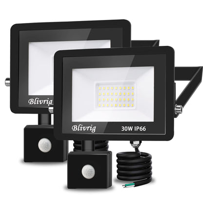 LED floodlights with motion detector 30W 2 pieces, 3000 lumens outdoor light, 6000K cool white LED floodlight with motion detector, outdoor floodlight IP66 waterproof, outdoor lamp for garden, yards, garage, driveway