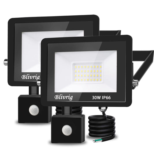 LED floodlights with motion detector 30W 2 pieces, 3000 lumens outdoor light, 6000K cool white LED floodlight with motion detector, outdoor floodlight IP66 waterproof, outdoor lamp for garden, yards, garage, driveway