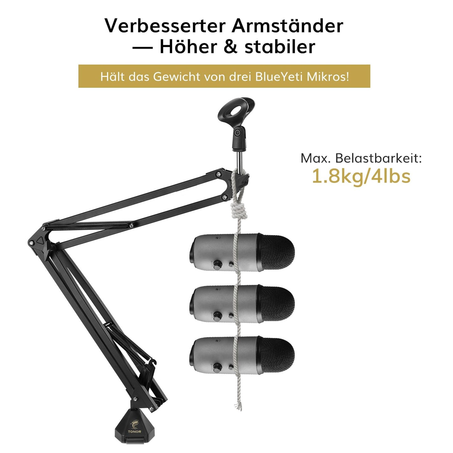 TONOR microphone arm with high compatibility, large microphone arm stand up to 47cm boom arm adjustable microphone arm with improved high-performance clamp, T30