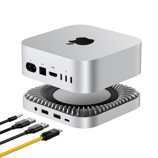 Aluminum Hub & Stand for the New M4/M4 Pro Mac Mini (2024) with 40Gbps NVMe/M.2 SSD Enclosure, 2X USB-A, USB-C Host, 3.5mm Audio - Compatible with all new Mac Mini M4/M4 Pro