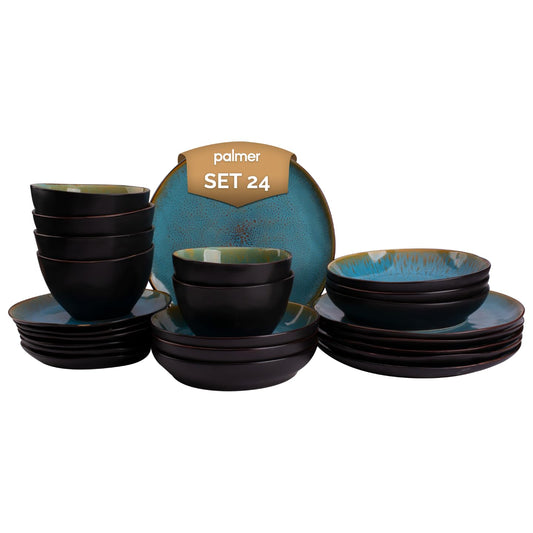 Palmer Lotus 24-piece dinnerware set for 6 people - Modern stoneware tableware, versatile and dishwasher, microwave, and oven safe.