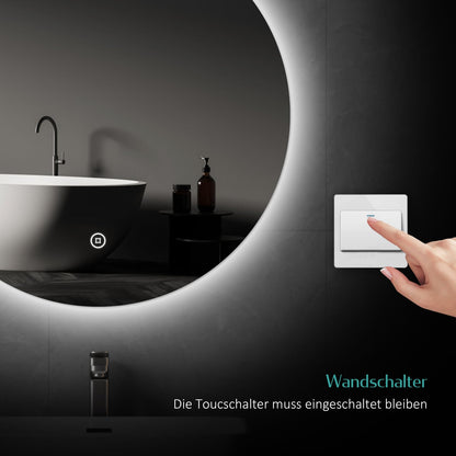 EMKE LED Bathroom Mirror with Lighting, 60cm diameter, dimmable cool white light 6500K, storage function, touch switch, energy-saving IP44 rated.