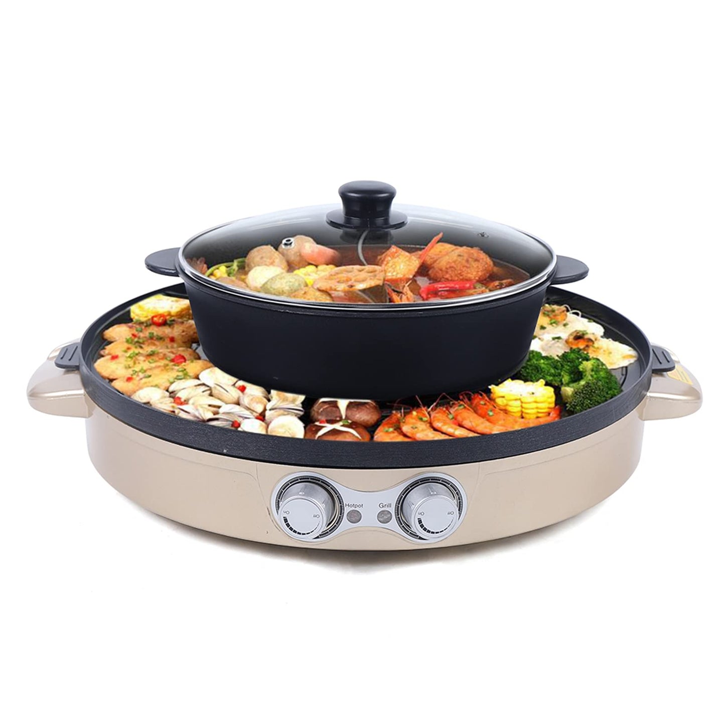 Charocean 2000W Hot Pot Electric Hotpot Pot 220V Electric Grill 2 in 1 Multifunction Electric Grill Hot pot with Removable Cooking Plate, Electric Hot Pots for Dorm Home (Gold)