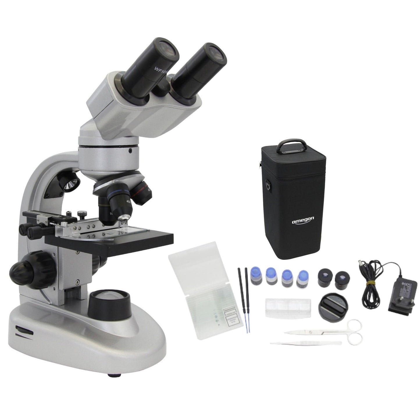 Omegon Binofield Microscope, 40x-800x, LED | Precise observations with binocular viewing | Ideal for school and hobbies | Includes extensive accessories | Incident and transmitted light microscopy