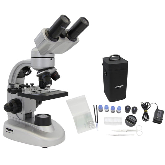 Omegon Binofield Microscope, 40x-800x, LED | Precise observations with binocular viewing | Ideal for school and hobbies | Includes extensive accessories | Incident and transmitted light microscopy