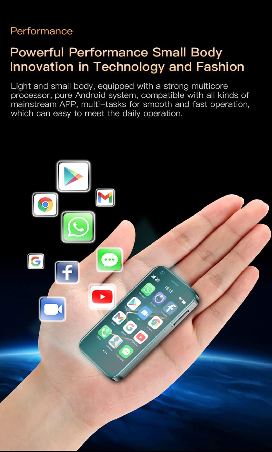 Rainbuvvy XS12 Super Mini 4G LTE smartphone with a 3.0-inch display, 2GB/4GB RAM, and 16/32/64GB ROM. Dual SIM, 2000mAh battery, 13MP camera with backup OTG. Small Android phone in black, 2+16GB.