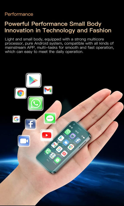 Rainbuvvy XS12 Super Mini 4G LTE smartphone with a 3.0-inch display, 2GB/4GB RAM, and 16/32/64GB ROM. Dual SIM, 2000mAh battery, 13MP camera with backup OTG. Small Android phone in black, 2+16GB.