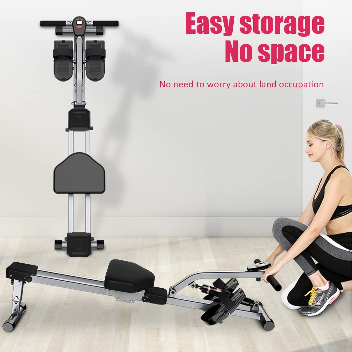 Folding rowing machine with 12 levels of resistance adjustment, Adjustable home rowing machine for at home, Max load 120kg, Rowing machine with LCD monitor for fitness.