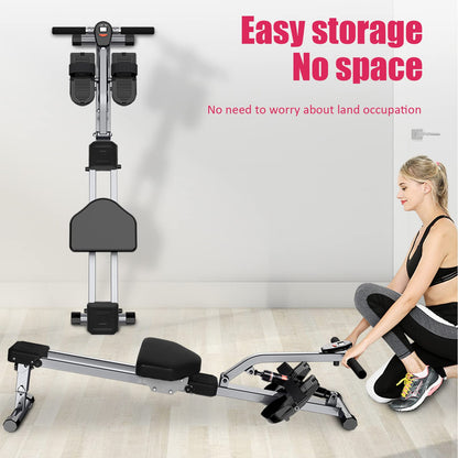 Folding rowing machine with 12 levels of resistance adjustment, Adjustable home rowing machine for at home, Max load 120kg, Rowing machine with LCD monitor for fitness.