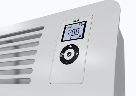 AEG Wall Convector WKL 2000 Comfort, electric heating energy-saving, 2000 W for approx. 25 m², VDE approved, LCD display, weekly timer, 120 min timer, Silent Mode, 238720.