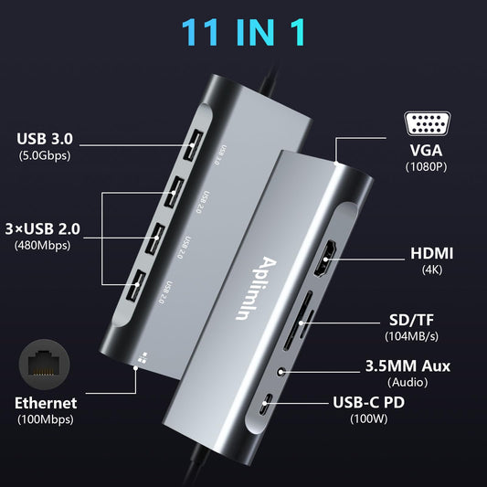 11-in-1 USB C Multiport Adapter with Ethernet LAN Network Adapter, 4K HDMI VGA Adapter, USB 3.0 & 2.0 Ports, SD/TF Card Reader, 3.5mm AUX, USB C Docking Station for MacBook Pro/Air Laptops.