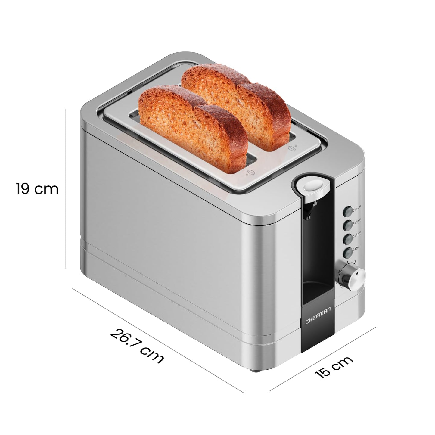 Chefman Stainless Steel 2-Slice Toaster with 7 browning settings, extra-wide slots for bagels, functions for defrosting/warming/stop, removable crumb tray, 925W, 240V, Silver.