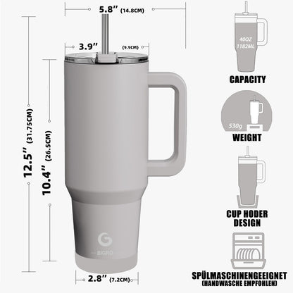 BIGRD 1.13 liter coffee mug to go, thermal mug, vacuum insulated double-walled leak-proof drinking bottle with straws & handle, BPA-free, travel mug for cold and hot (Ash)