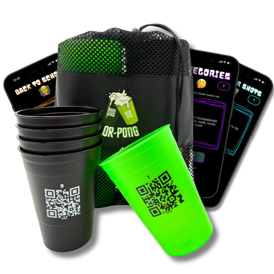 QR-Pong Interactive Beer Pong Set includes 20 hard plastic cups, 4 ping pong balls, in Black/Green/Pink.