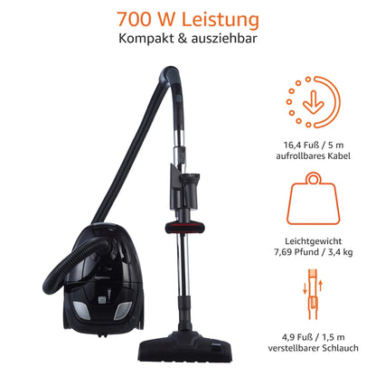 Amazon Basics Bagged Vacuum Cleaner - VCB35B15C-1J7W-70, powerful, compact, and lightweight, for hard floors and carpets, HEPA filter, 700W, 1.5L, EU, Black