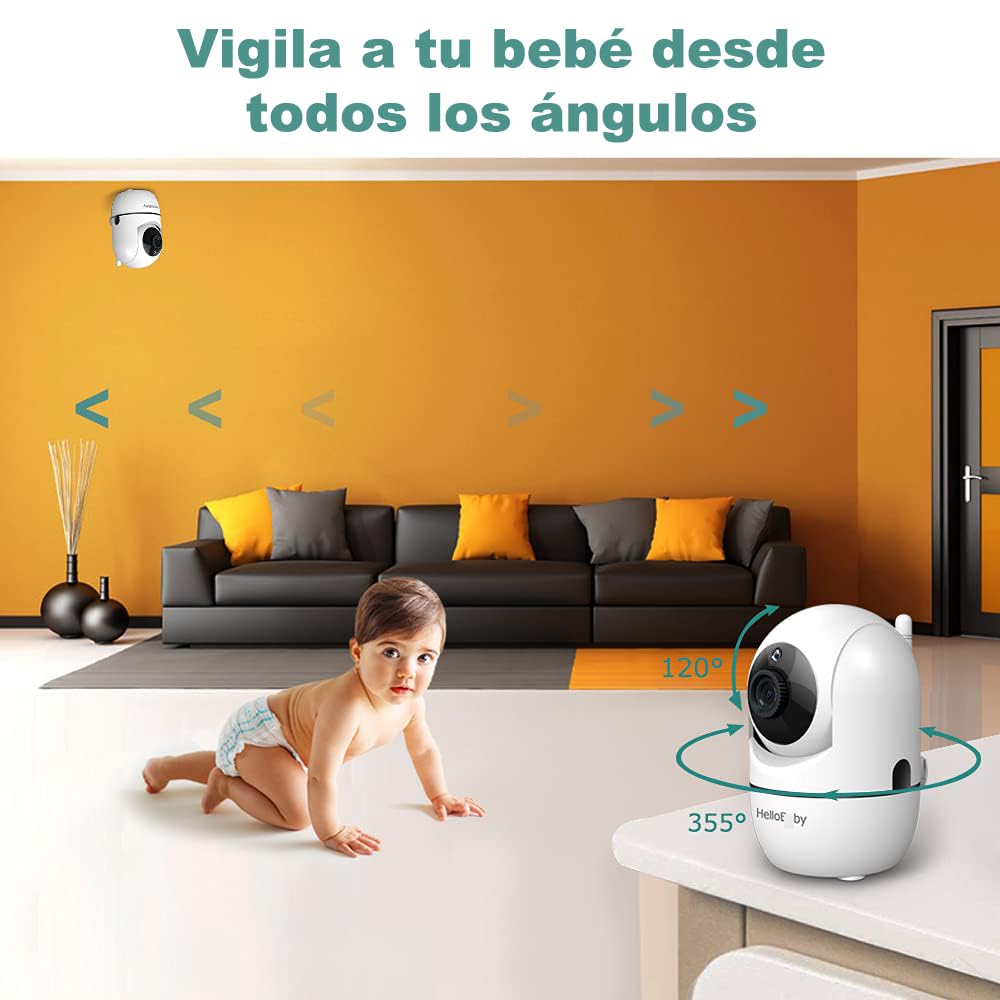 HelloBaby Baby Monitor with Camera, 3.2 inch screen, 355° Pan-120° Tilt-Zoom, Baby monitor without WiFi, 2-way audio, temperature, 8 lullabies, night vision, temperature sensor (Black/White)