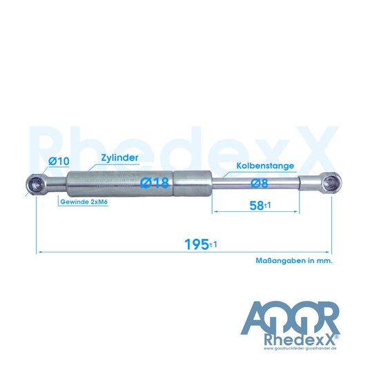 2x RhedexX® gas spring replacement for KESSEBÖHMER LIFT-O-MAT 195mm 380N stainless steel V4A 316L (380 N - stainless steel 316L)
