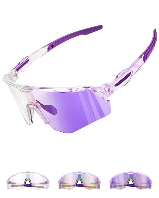 Winyoher Self-Tinting Bike Glasses for Women, Photochromic Frame, Fast Sports Sunglasses for Men, UV400 Running Glasses for Beach Volleyball, Cycling - Purple