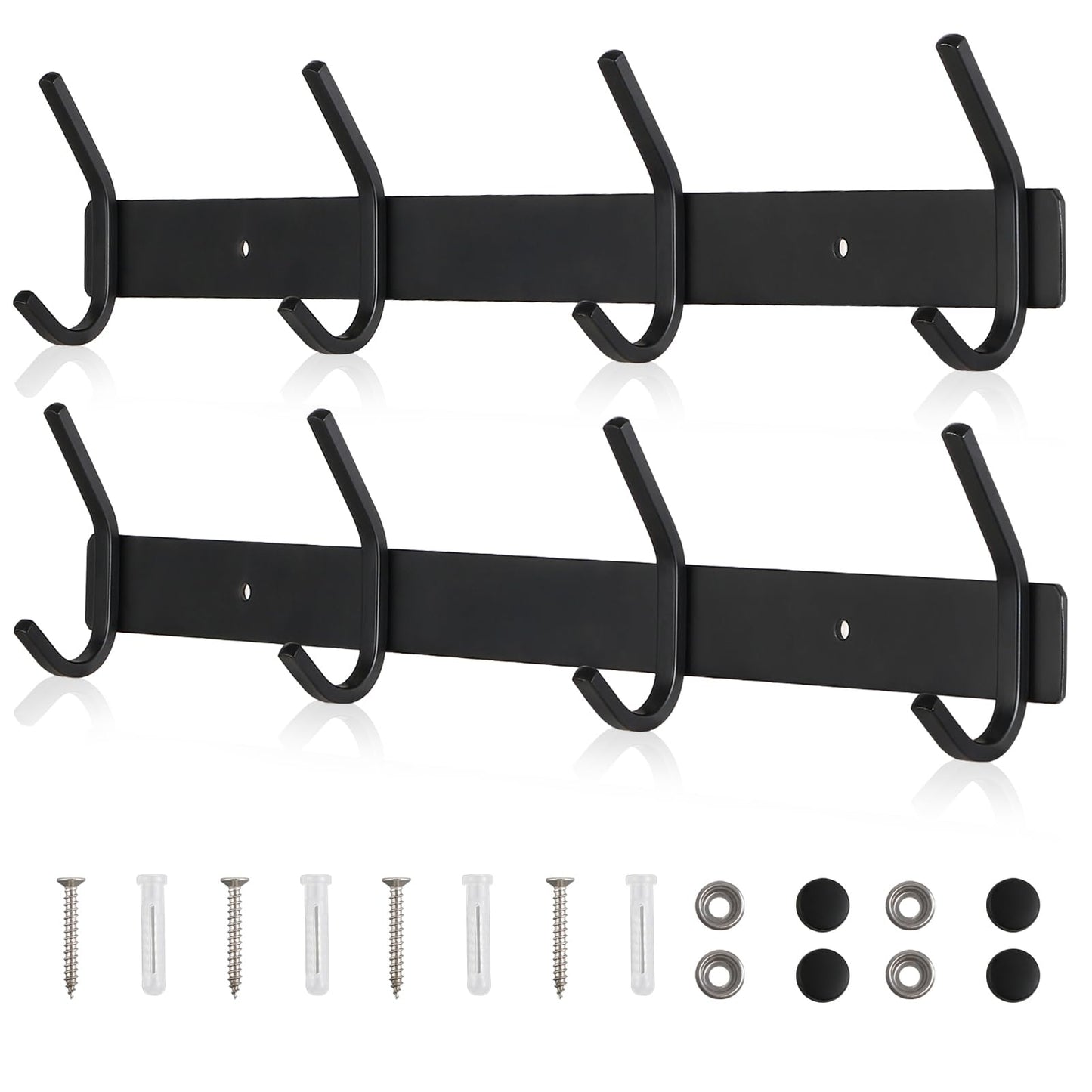 Qiannhee 43CM Black Hook Rack Up to 40KG Heavy Duty Stainless Steel Wall-Mounted Coat Rack 4 Hooks Coat Hooks Children for Bathroom Kitchen Jackets Entryway, 2 Pieces
